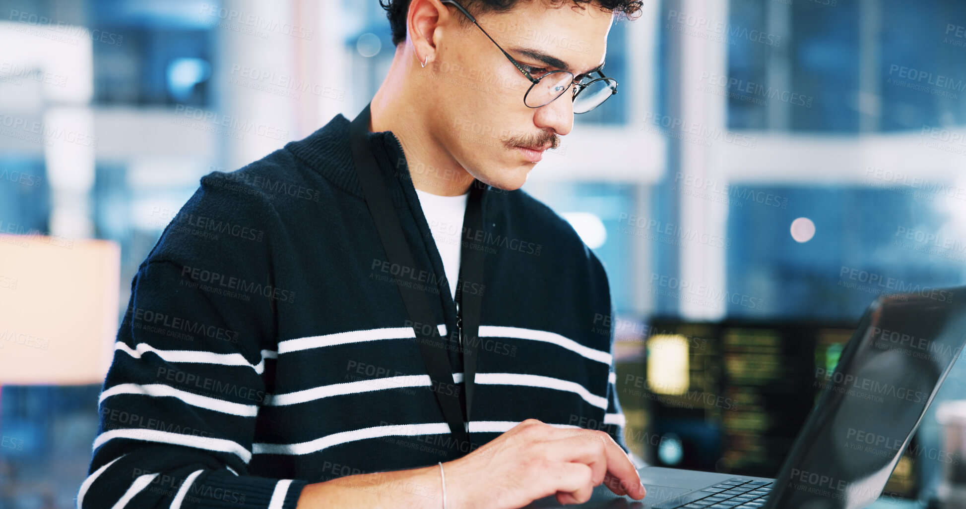 Buy stock photo Man, developer and typing on laptop in office for programming, coding software and server update. Male person, online and pc testing with IT research, website application and troubleshooting system
