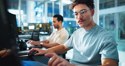 Buy stock photo Computer, programmer and glasses with man in office for game designer, coding app and ux update. Software development, research and level gameplay with employees at night for coworking project