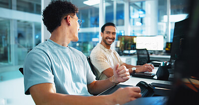 Buy stock photo Computer, programmer and team with man in office for game designer, coding app and ux update. Software development, research and level gameplay with employees at night for coworking collaboration