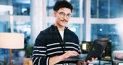 Buy stock photo Portrait, man and developer with laptop in office for programming, coding software and server update. Male person, online and testing pc of IT research, website application and troubleshooting system