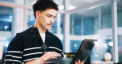 Buy stock photo Business, coding and man with programming, laptop and software update with app testing. Person, info tech and professional in office, pc and programmer with AI expert, research and cyber security