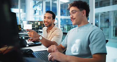 Buy stock photo Computer, programmer and discussion with people in office for game designer, coding app and ux update. Software development, research and level gameplay with employee at night for coworking agency