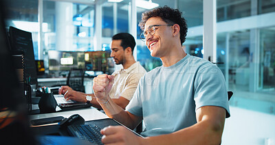 Buy stock photo Fist pump, happy and business man on computer for online bonus, stock market and investment success. Corporate, coworking office and person celebrate for financial achievement, profit and promotion