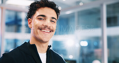 Buy stock photo Developer, smile and portrait of man in office for software system or website update. Night, happy web designer or male backend engineer with confidence for company development overtime in workplace