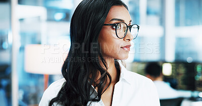 Buy stock photo Woman, programmer or computer scientist with glasses at office for future development or cybersecurity. Female person, developer or coder thinking with vision for AI programming or IT at workplace