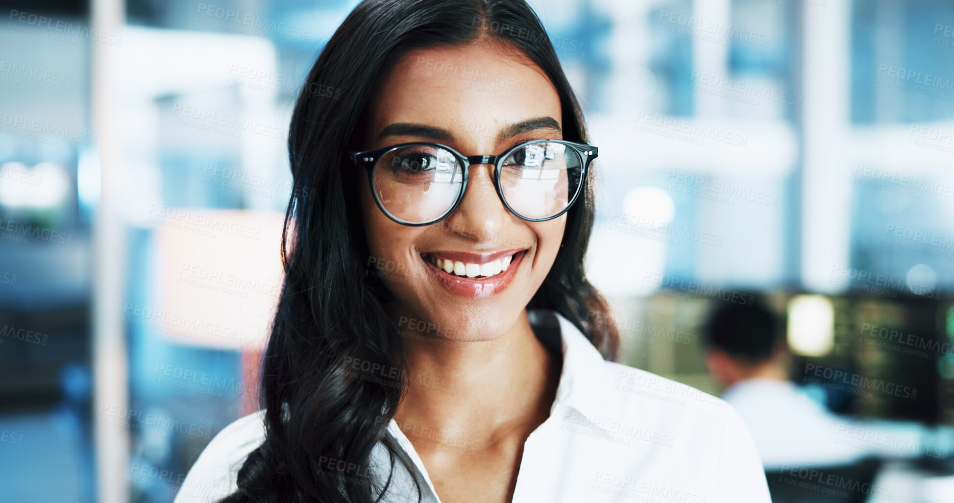 Buy stock photo Web developer, smile and portrait of woman in office for software system or website update. Night, happy designer or female backend engineer with confidence for company development in workplace