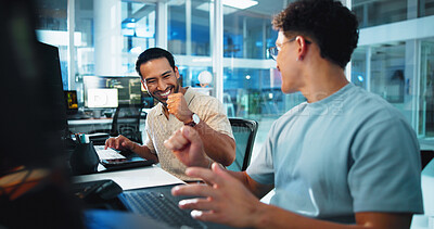 Buy stock photo Fist bump, happy and business men on computer for online bonus, stock market and investment success. Corporate, office and people with tech celebrate for financial achievement, profit and promotion
