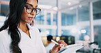 Woman, developer and typing on stylus in office for IT, coding software and server update. Female person, tablet and testing app for online programming, website application and troubleshooting system