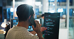 Office, man and developer with computer screen for phone call, coding consulting and back with contact. Night, business person and programmer with mobile for networking, talking and software update