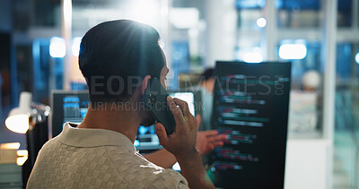 Buy stock photo Office, man and developer with computer screen for phone call, coding consulting and back with contact. Night, business person and programmer with mobile for IT support, talking and software update