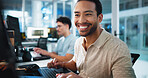 Computer, programmer and smile with man in office for game designer, coding app and ux update. Software development, research and level gameplay with employee in agency for developer project