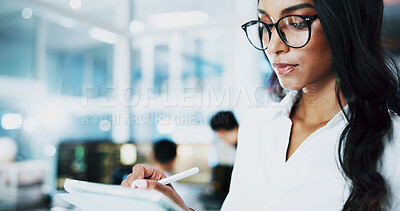 Buy stock photo Woman, developer and reading on stylus in office for IT, coding software and server update. Female person, tablet and testing app of online programming, website application and troubleshooting system