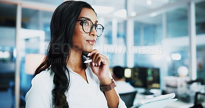 Buy stock photo Office, businesswoman and programmer at night for thinking, planning and solution for web development. Late, female person and developer with ideas for backend update, thoughts and software system