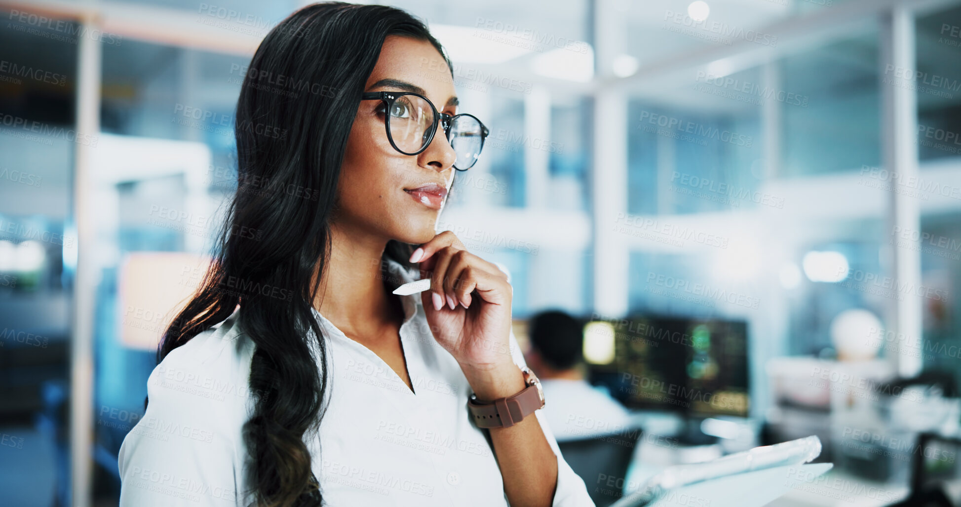 Buy stock photo Office, businesswoman and programmer at night for thinking, planning and solution for web development. Late, female person and developer with ideas for backend update, thoughts and software system