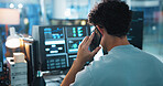 Office, man and programmer with computer screen for phone call, coding consulting and back with contact. Night, business person and developer with mobile for networking, talking and software update