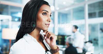 Buy stock photo Woman, programmer or thinking with idea at office for future development or cybersecurity. Female person, designer or coder with vision or thought for design, AI software or IT services at workplace