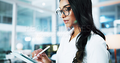 Buy stock photo Woman, developer and writing on stylus in office for IT, coding software and server update. Female person, tablet and testing app of online programming, website application and troubleshooting system