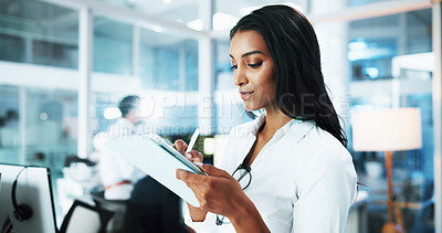Buy stock photo Woman, developer and writing on tablet in office for IT, coding software and customer support. Person, digital and online programming, website application and troubleshooting system at call centre