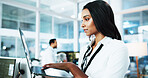 Woman, developer and typing on laptop in office for programming, coding support and server update. Person, online app and IT for testing system, website application and troubleshooting at call center
