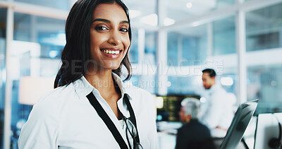 Buy stock photo Web designer, smile and portrait of woman in office for software system or website update. Night, happy developer or female backend engineer with confidence for company development in workplace
