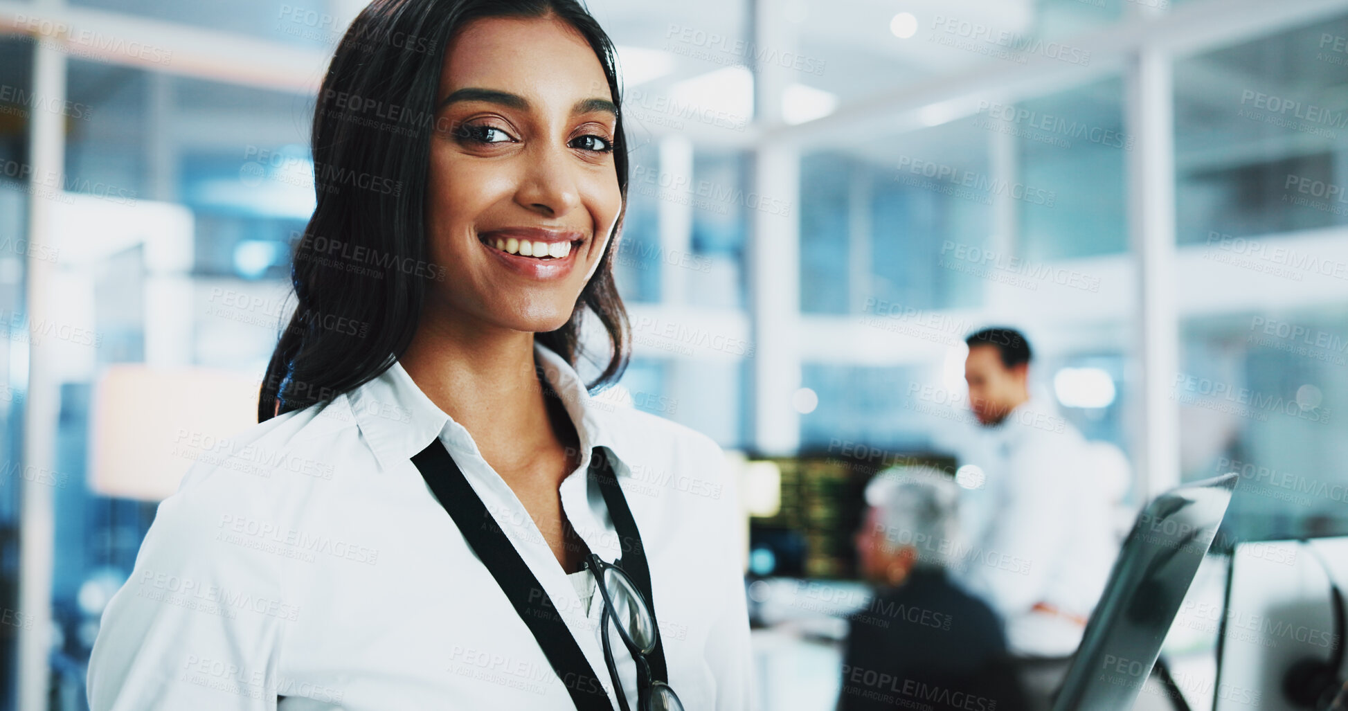 Buy stock photo Web designer, smile and portrait of woman in office for software system or website update. Night, happy developer or female backend engineer with confidence for company development in workplace