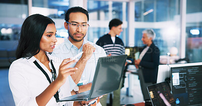 Buy stock photo People, meeting and developer on laptop in office of programming, coding training and check server. Team, manager and helping for app testing, IT intern and web application and troubleshooting system