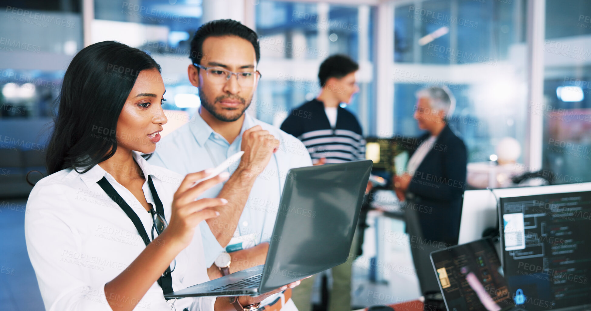 Buy stock photo People, meeting and developer on laptop in office of programming, coding training and check server. Team, manager and helping for app testing, IT intern and web application and troubleshooting system