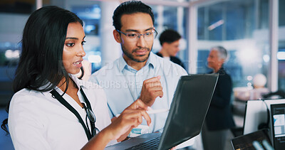 Buy stock photo People, explain and developer on laptop in office of programming, coding training and check server. Team, mentor and helping for app testing, IT intern and web application and troubleshooting system