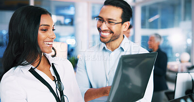 Buy stock photo Smile, people and developer with laptop in office of programming, coding training and check server. Team, mentor and helping for app testing, IT intern and web application and troubleshooting system