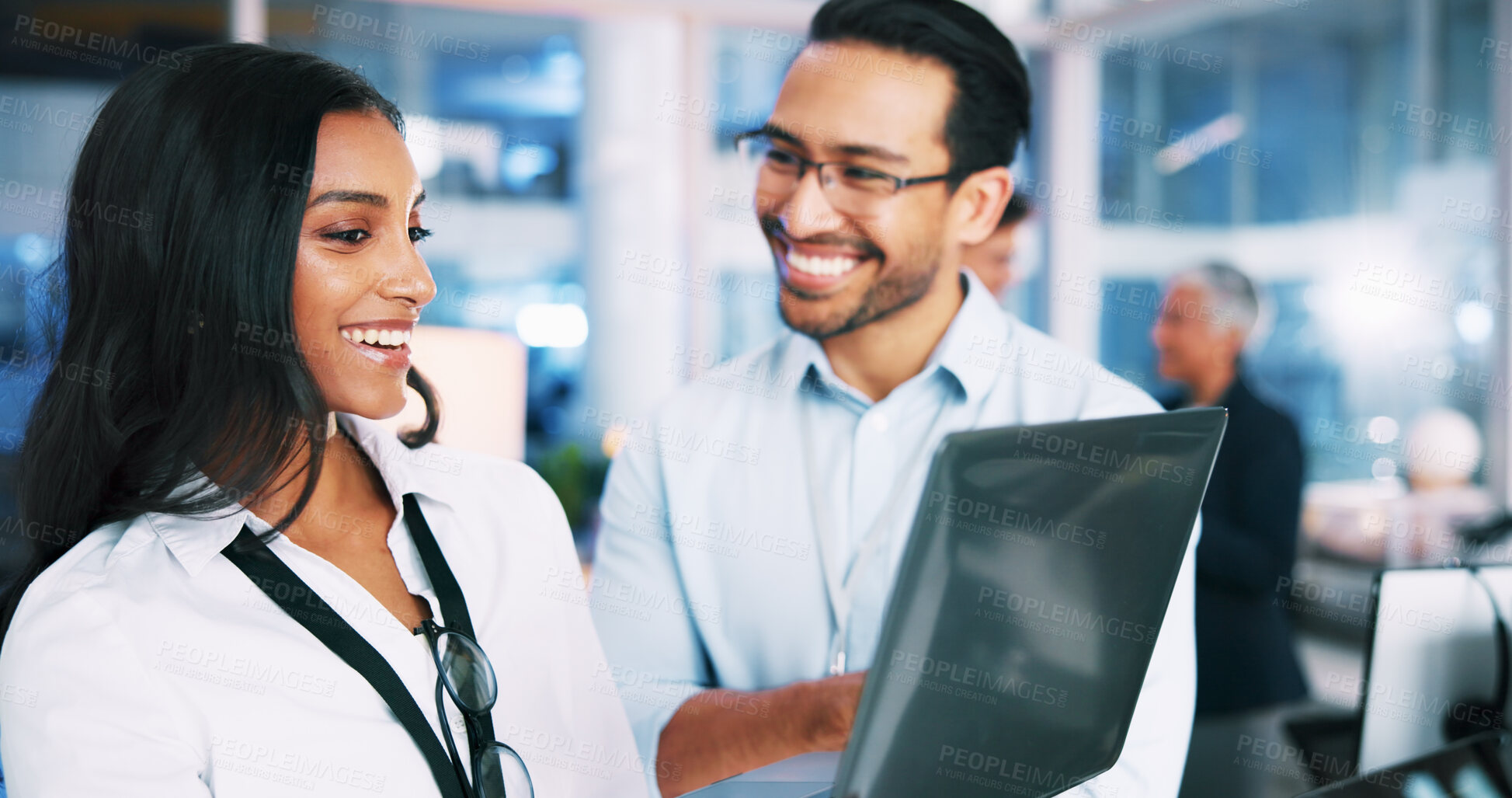 Buy stock photo Smile, people and developer with laptop in office of programming, coding training and check server. Team, mentor and helping for app testing, IT intern and web application and troubleshooting system