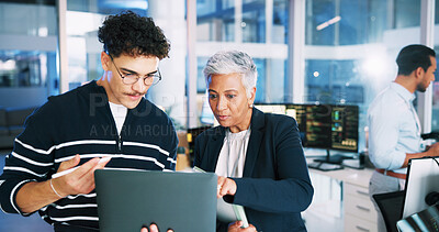 Buy stock photo Man, developer and mentor on laptop in office for programming, coding training and server update. People, manager and help for testing pc, IT intern and website application and troubleshooting system