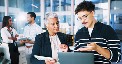 Buy stock photo People, developer and mentor on laptop in office of programming, coding training and server update. Staff, manager and helping of app testing, IT intern and web application and troubleshooting system