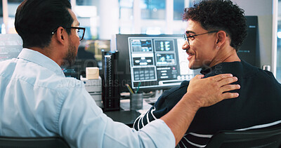 Buy stock photo Web developer, smile and coding in office for software, system or website update advice. Night, programmer and backend engineer with feedback for company development, teamwork or workplace project