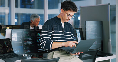 Buy stock photo Man, programmer and office with laptop for coding, software development or app design. Male person, coder or developer with computer or technology for cybersecurity, web or IT services at workplace