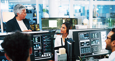Buy stock photo Business people, computer or programming team with monitor for cybersecurity at office. Group, developer or coders with technology screen or display for online maintenance or software development