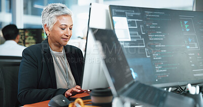 Buy stock photo Business, computer screen and woman in office, programming or software update for trading. People, employee or coder in workplace, expert or specialist with cyber security, connection or website info