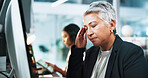 Mature woman, headache and stress at night with computer for mistake, difficult task or overworked at office. Female person, analyst or working late with migraine for fatigue, pressure or deadline