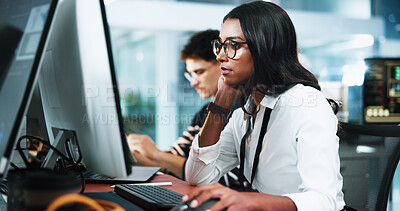 Buy stock photo Thinking, woman and developer on computer in office for programming, software update and backend fail. Person, pc and coding for website development, testing server and solution of system application