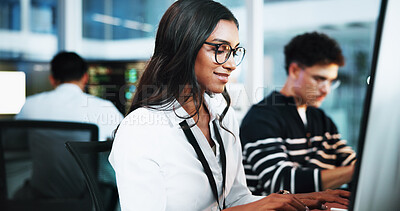 Buy stock photo Happy, woman and developer on computer in office for programming, software update and troubleshooting. Female person, pc and coding app with website development, testing server and system application