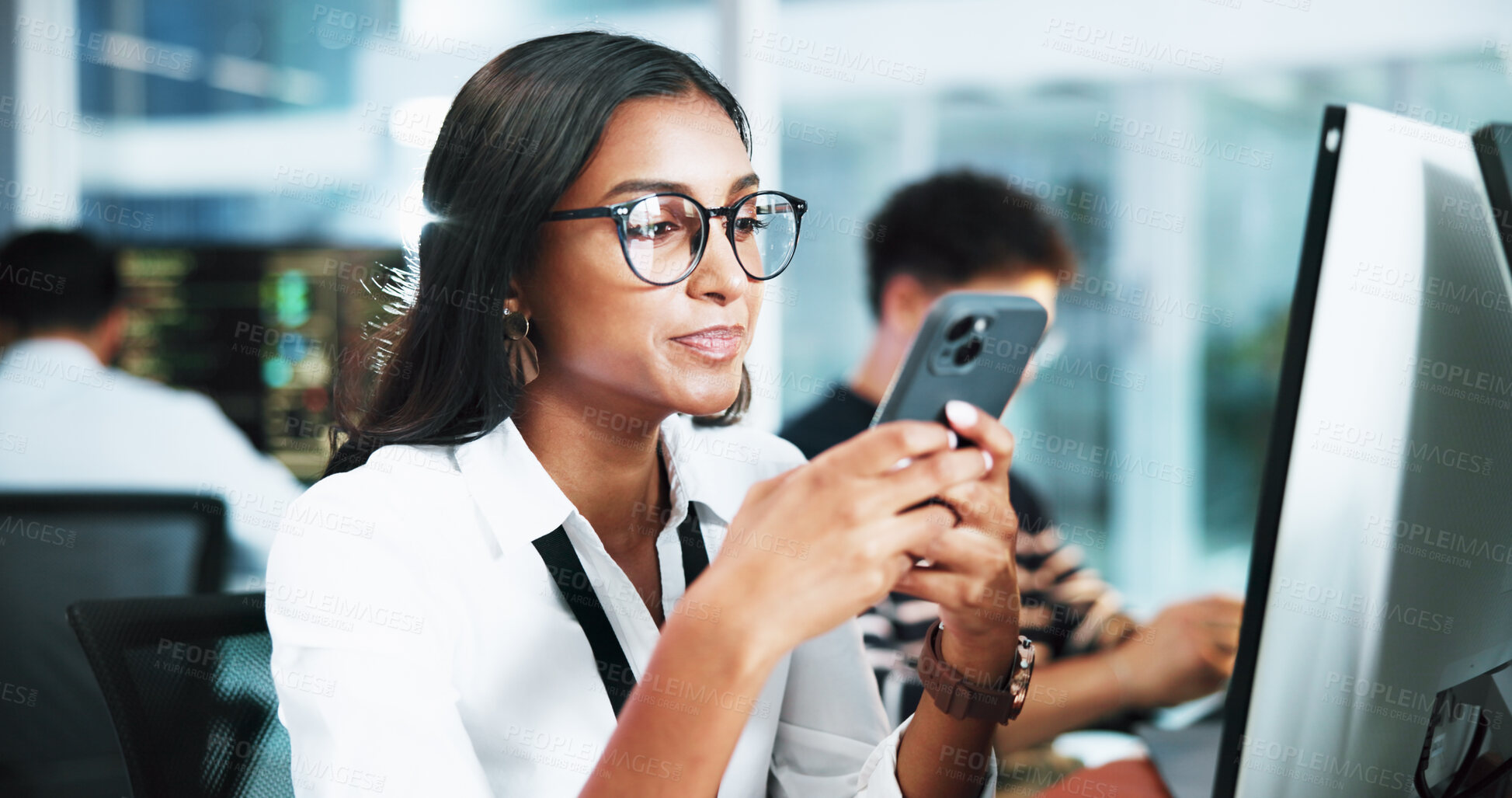 Buy stock photo Computer, businesswoman and programmer with smartphone in office, coding software and download app. Coworking, female person and developer with mobile for reading info, seo update and typing on break