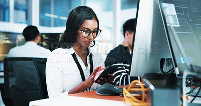 Buy stock photo Computer, businesswoman and developer with smartphone in office, coding software and download app. Coworking, female person and programmer with mobile for reading info, SEO update and typing on break