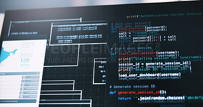 Buy stock photo Computer screen, code and software development with programming language for AI or web design at office. Empty, technology or display with backend UI for UX, cybersecurity or database at workplace