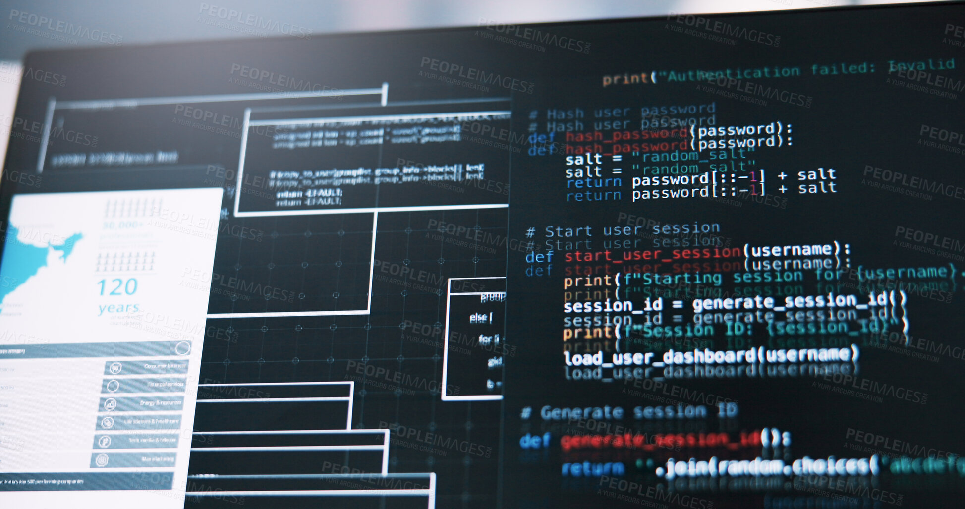 Buy stock photo Computer screen, code and software development with programming language for AI or web design at office. Empty, technology or display with backend UI for UX, cybersecurity or database at workplace