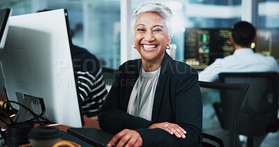 Buy stock photo Portrait, woman and developer with pc in office for programming, software update and IT career. Mature person, computer and coding pride for website development, testing server and system application