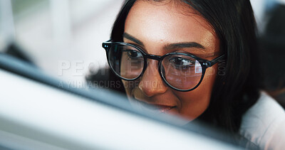 Buy stock photo Woman, programmer or coding with glasses on computer for software development or web design at office. Female person, coder or developer with technology for AI, programming or UI testing at workplace