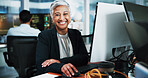 Portrait, woman and developer with computer in office for programming, software update and IT career. Mature person, pc and coding pride for website development, testing server and system application