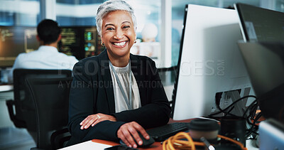 Buy stock photo Portrait, woman and developer with computer in office for programming, software update and IT career. Mature person, pc and coding pride for website development, testing server and system application
