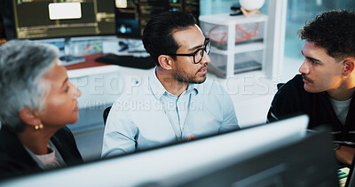 Buy stock photo Teamwork, developer and people on computer in office for programming, coding training and server update. Helping, manager and talking for testing pc, IT intern or website and troubleshooting system