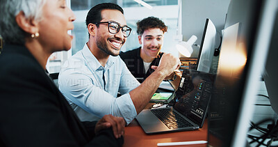 Buy stock photo Web developer, smile and team in office for software, system or website update launch at night. Deadline, happy programmer and backend engineer for company development, excited or project on laptop