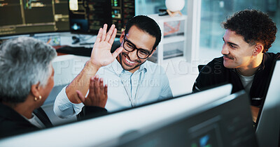 Buy stock photo Web developer, high five and celebration in office for software, system or website update launch. Night, happy programmer and backend engineer for company development, teamwork or project on computer